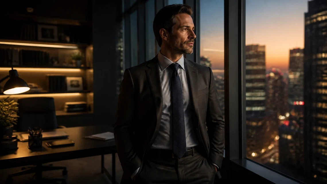 Man in a dark suit stands by a window in a modern office at sunset, looking out over a city skyline.
