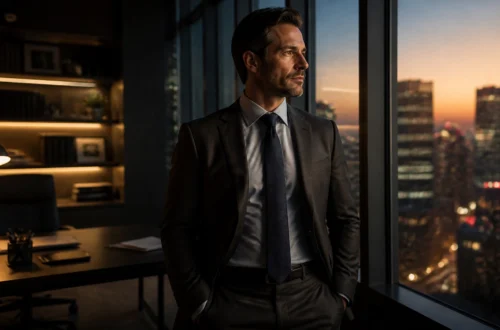 Man in a dark suit stands by a window in a modern office at sunset, looking out over a city skyline.