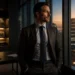 Man in a dark suit stands by a window in a modern office at sunset, looking out over a city skyline.
