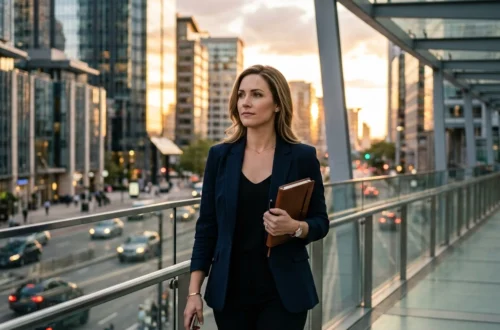Professional woman in a navy blazer walks along a glass walkway in a modern city at sunset, carrying a brown notebook.