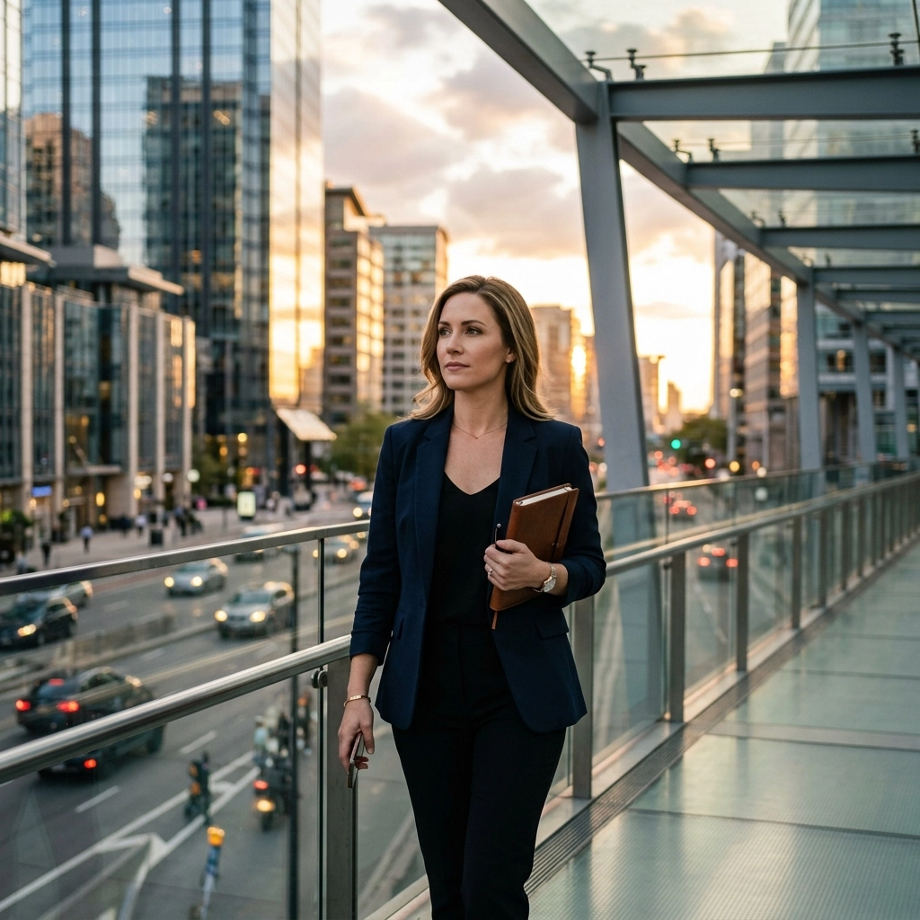 Professional woman in a navy blazer walks along a glass walkway in a modern city at sunset, carrying a brown notebook.