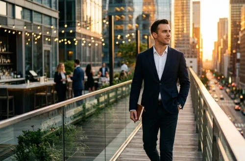 Man in a navy suit walking along a glass-walled rooftop terrace with city skyscrapers and string lights at sunset, holding a notebook/folder.