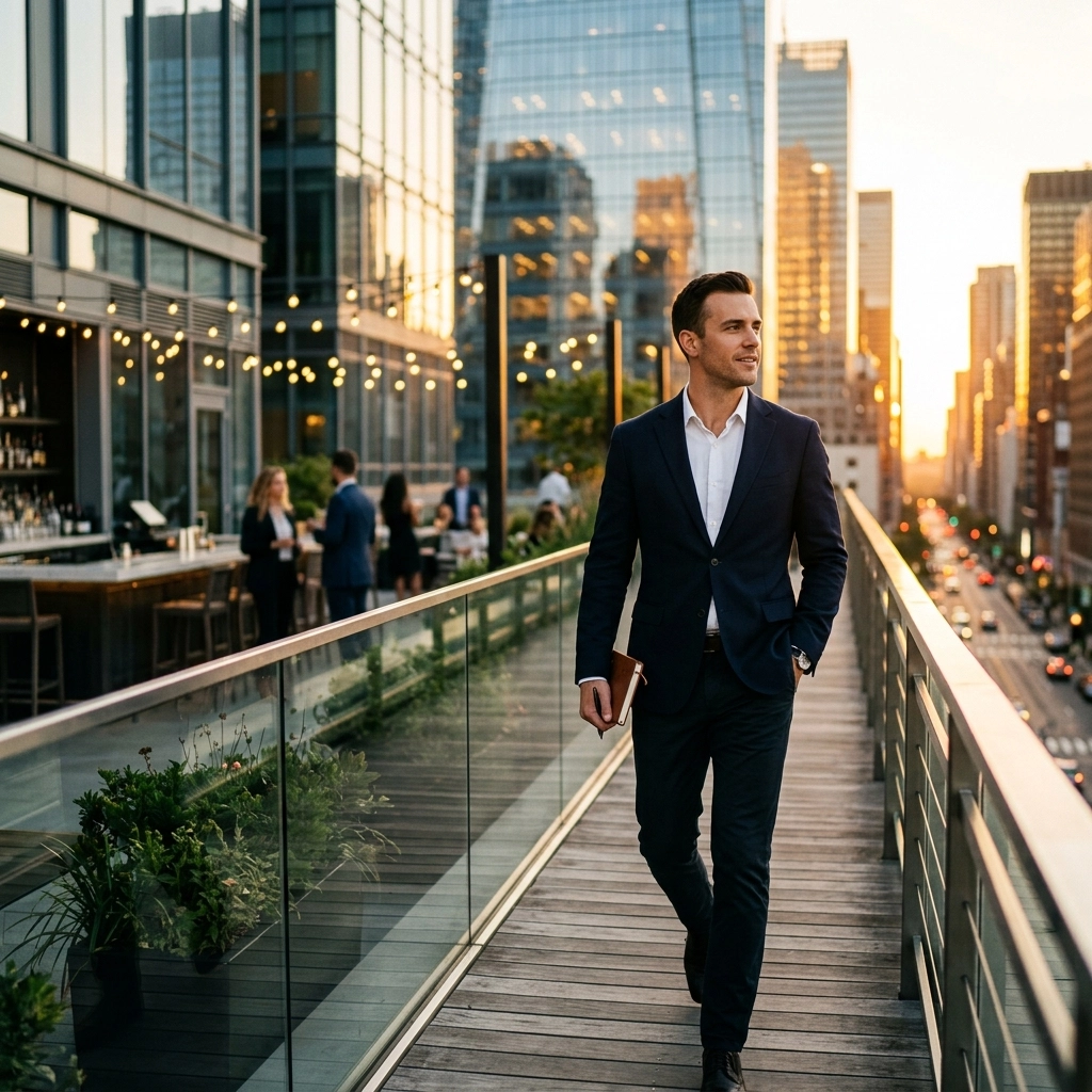 Man in a navy suit walking along a glass-walled rooftop terrace with city skyscrapers and string lights at sunset, holding a notebook/folder.