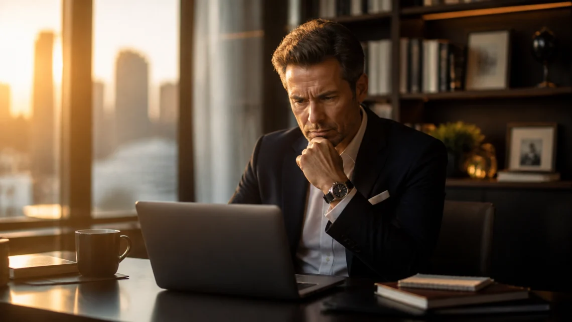 Businessman in a dark suit sits at a desk with a laptop, hand on chin, sunset light in a modern office behind him.