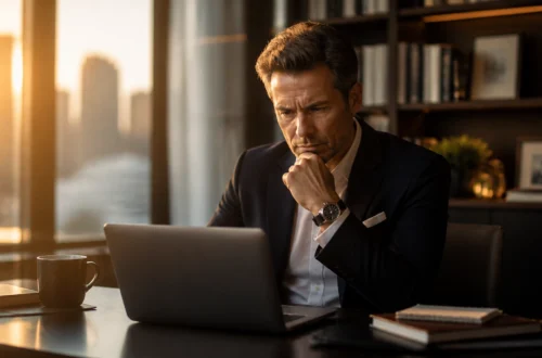 Businessman in a dark suit sits at a desk with a laptop, hand on chin, sunset light in a modern office behind him.