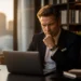 Businessman in a dark suit sits at a desk with a laptop, hand on chin, sunset light in a modern office behind him.