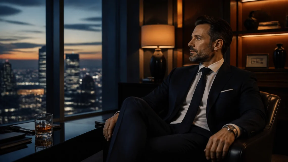 Businessman in a dark suit sits in a leather chair in a luxe office, gazing toward the city skyline at sunset/sunset-dusk.