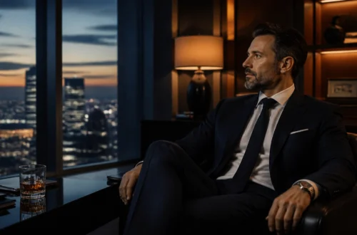 Businessman in a dark suit sits in a leather chair in a luxe office, gazing toward the city skyline at sunset/sunset-dusk.