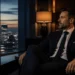 Businessman in a dark suit sits in a leather chair in a luxe office, gazing toward the city skyline at sunset/sunset-dusk.
