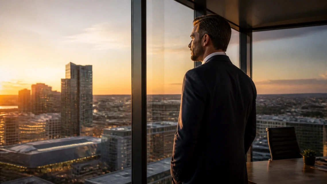 Man in a dark suit stands near a glass wall, gazing at a sunset-lit city skyline from a high-rise office window, with a conference table in foreground.