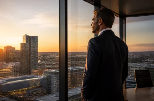 Man in a dark suit stands near a glass wall, gazing at a sunset-lit city skyline from a high-rise office window, with a conference table in foreground.