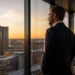 Man in a dark suit stands near a glass wall, gazing at a sunset-lit city skyline from a high-rise office window, with a conference table in foreground.