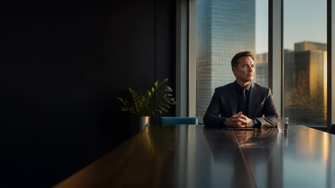 Man in a dark suit sits at a polished conference table by a window overlooking a city skyline at sunset, hands folded.