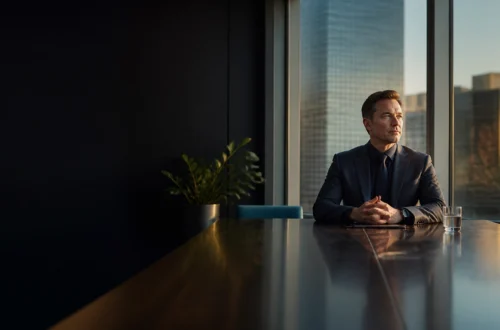 Man in a dark suit sits at a polished conference table by a window overlooking a city skyline at sunset, hands folded.