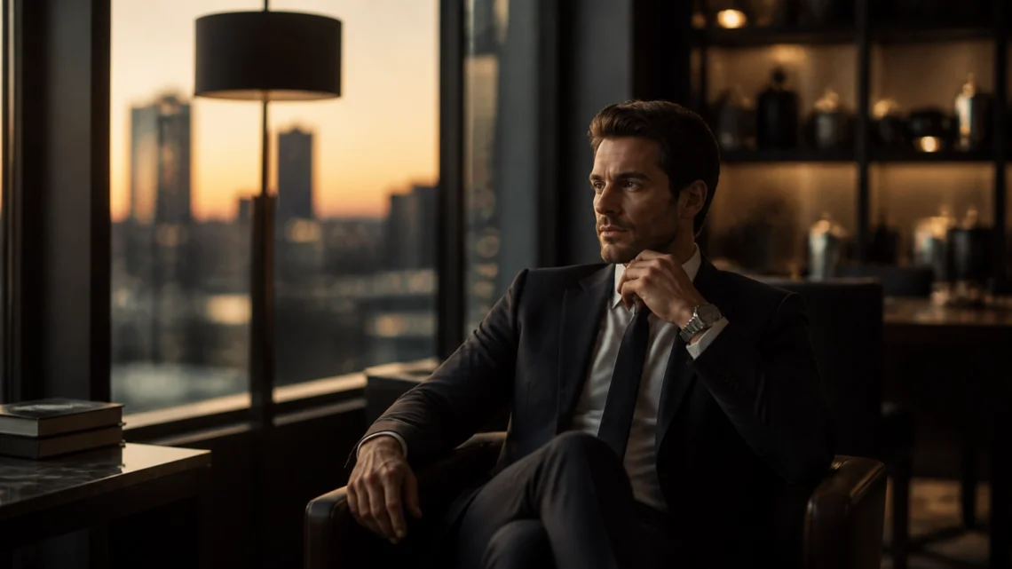 Man in a dark suit sits in a modern lounge by a window, gazing thoughtfully during sunset outside the city skyline.