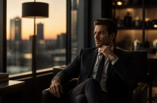 Man in a dark suit sits in a modern lounge by a window, gazing thoughtfully during sunset outside the city skyline.
