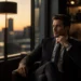 Man in a dark suit sits in a modern lounge by a window, gazing thoughtfully during sunset outside the city skyline.