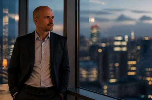 Man in a dark suit stands by a window in a high-rise office, gazing thoughtfully at the city lights at dusk.