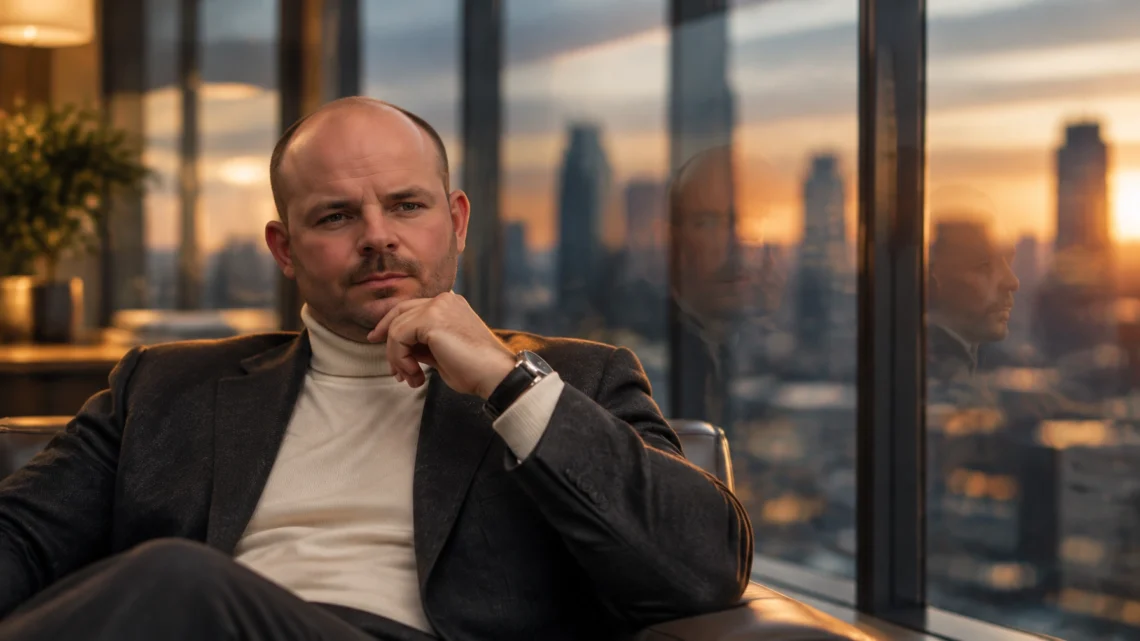 Man seated in a modern office lounge, hand on chin, gazing thoughtfully with city skyline at sunset behind glass.