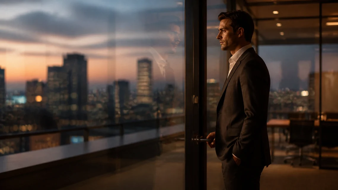 Businessman in a dark suit stands at a glass door, gazing over a city skyline at sunset.