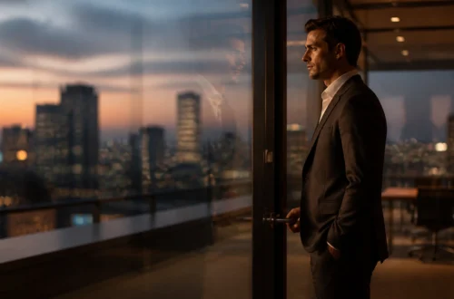 Businessman in a dark suit stands at a glass door, gazing over a city skyline at sunset.
