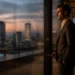 Businessman in a dark suit stands at a glass door, gazing over a city skyline at sunset.
