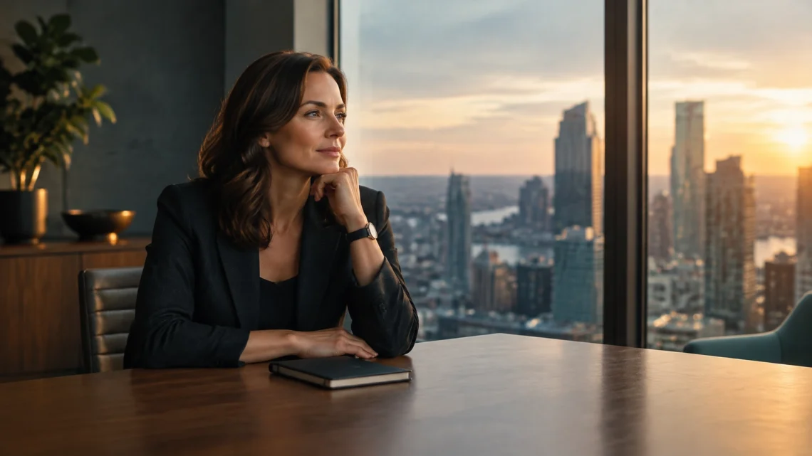 Professional woman in a dark blazer sits at a conference table, gazing thoughtfully toward a sunset city skyline through large windows.