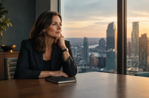Professional woman in a dark blazer sits at a conference table, gazing thoughtfully toward a sunset city skyline through large windows.