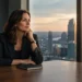 Professional woman in a dark blazer sits at a conference table, gazing thoughtfully toward a sunset city skyline through large windows.