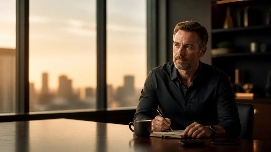 Man in a dark shirt sits at a desk by a window, writing in a notebook as a sunset-lit cityscape appears outside.