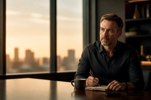 Man in a dark shirt sits at a desk by a window, writing in a notebook as a sunset-lit cityscape appears outside.