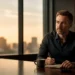 Man in a dark shirt sits at a desk by a window, writing in a notebook as a sunset-lit cityscape appears outside.