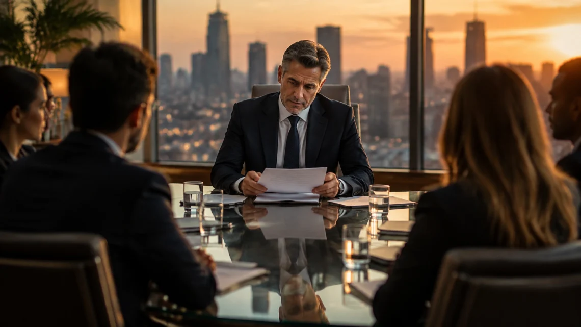 Professional meeting scene: man in a suit reads documents at a glass conference table as sunset lights the city skyline, with colleagues around.