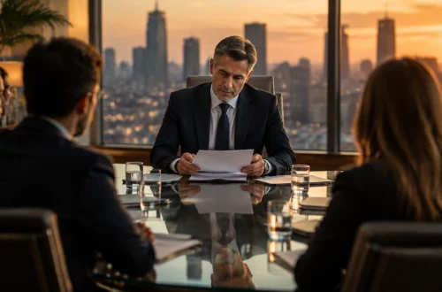Professional meeting scene: man in a suit reads documents at a glass conference table as sunset lights the city skyline, with colleagues around.