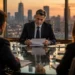 Professional meeting scene: man in a suit reads documents at a glass conference table as sunset lights the city skyline, with colleagues around.