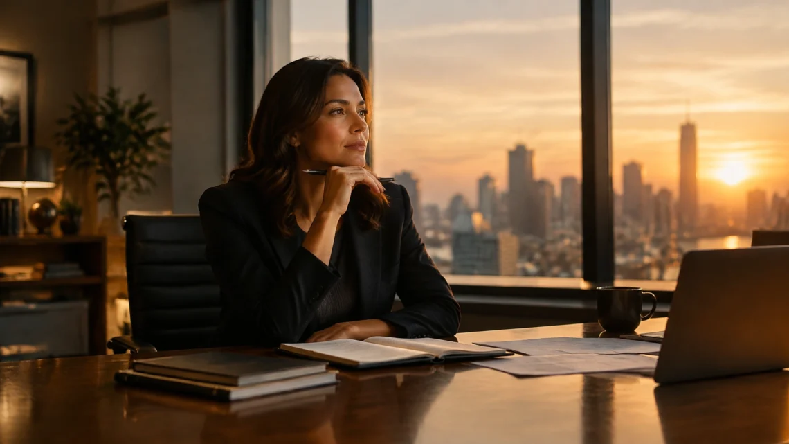 Professional woman in a dark blazer sits at a desk by large windows, gazing thoughtfully at a sunset city skyline with a notebook and laptop nearby.