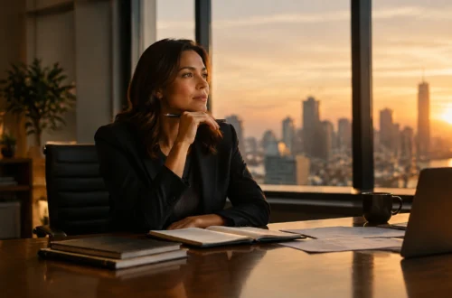 Professional woman in a dark blazer sits at a desk by large windows, gazing thoughtfully at a sunset city skyline with a notebook and laptop nearby.
