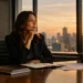 Professional woman in a dark blazer sits at a desk by large windows, gazing thoughtfully at a sunset city skyline with a notebook and laptop nearby.