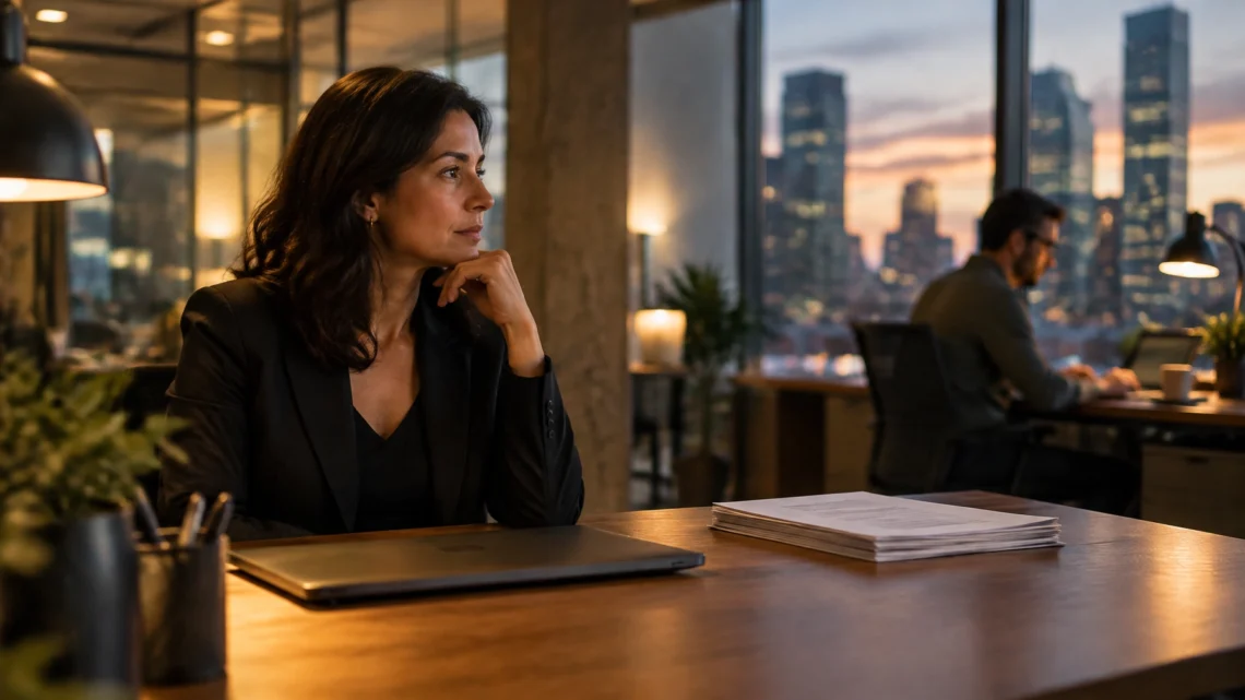 Businesswoman in a black blazer sits at a wooden desk, looking thoughtfully toward the city skyline at sunset, with a laptop and documents nearby.