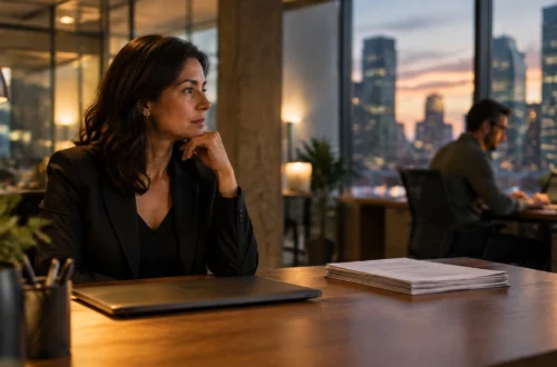 Businesswoman in a black blazer sits at a wooden desk, looking thoughtfully toward the city skyline at sunset, with a laptop and documents nearby.
