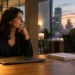 Businesswoman in a black blazer sits at a wooden desk, looking thoughtfully toward the city skyline at sunset, with a laptop and documents nearby.