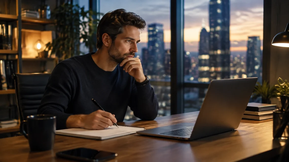 Man focused at a wooden desk, writing in a notebook beside an open laptop, city skyline at sunset in the background.