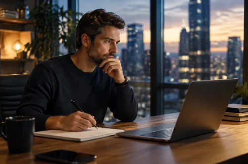 Man focused at a wooden desk, writing in a notebook beside an open laptop, city skyline at sunset in the background.
